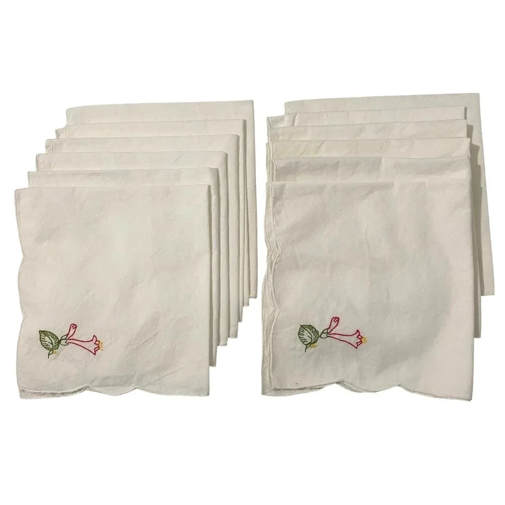 Vtg 50s 60s Linen Napkin Lot of 12 Beige Embroidered Scalloped Edge Thanksgiving